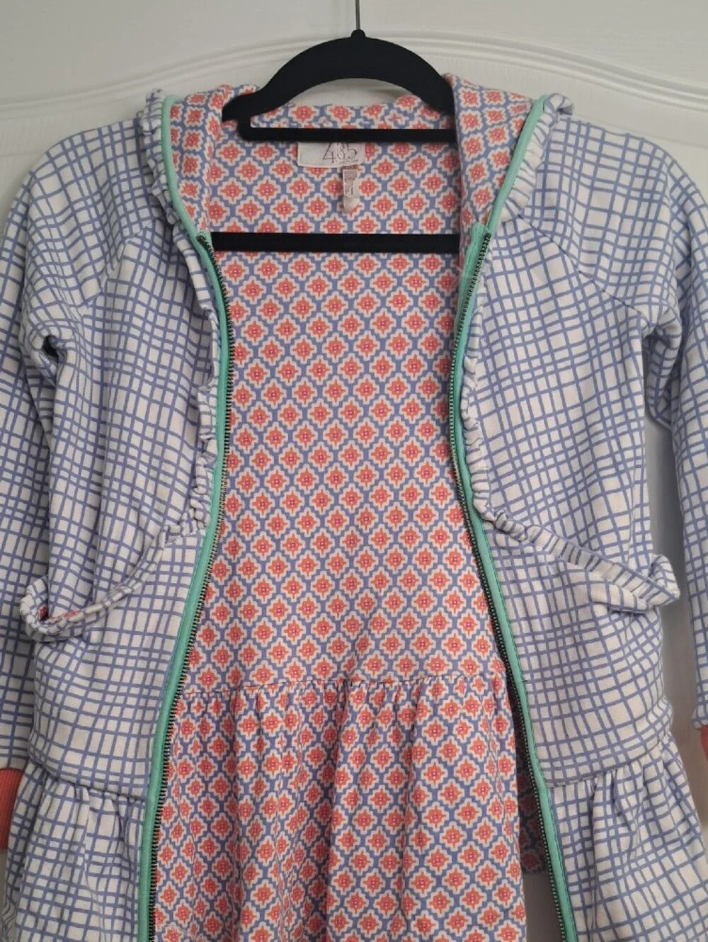 Girls' White & Blue Grid Zip Hoodie with Peach Accents 435 Matilda Jane